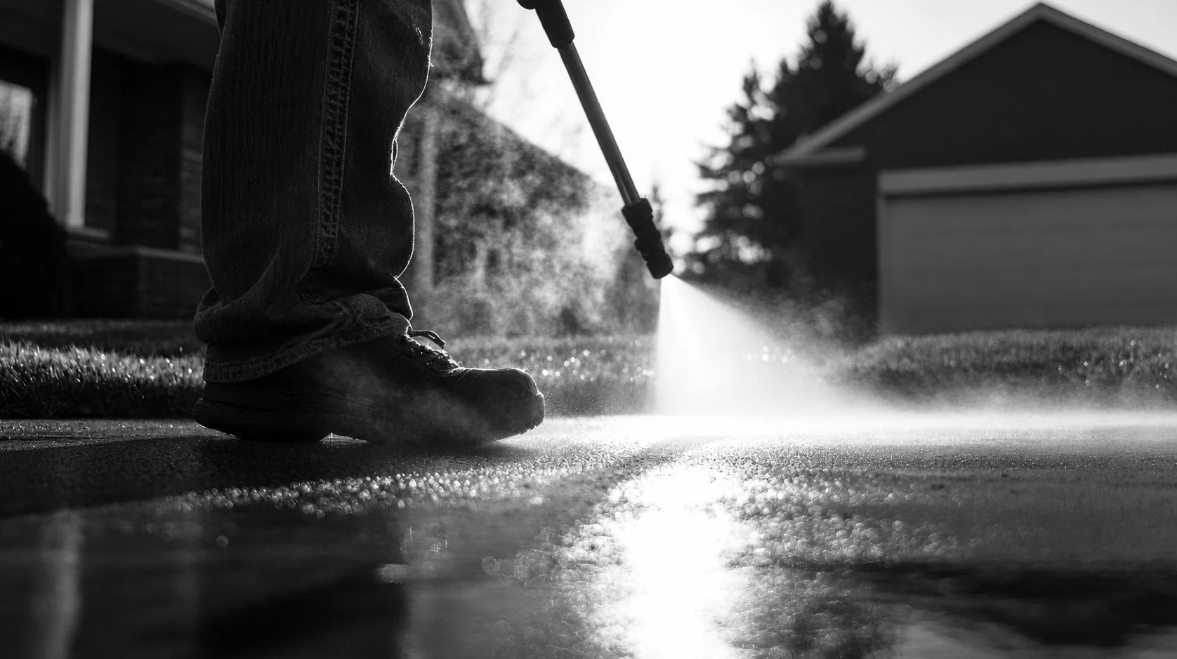 Silhouette of a technician pressure washing a surface
